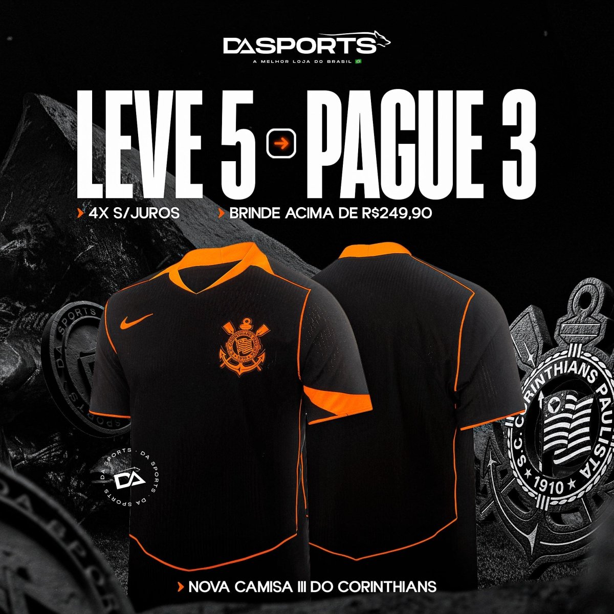 Camisa Nike Corinthians (Total 90) III 2025 - Preta e Laranja - Masculina - Jogador